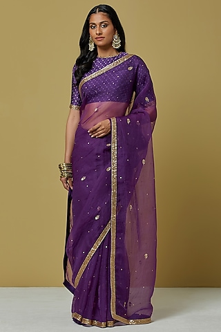 Purple Organza Saree Set by Ikshita Choudhary