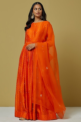 Orange Chanderi Gown by Ikshita Choudhary