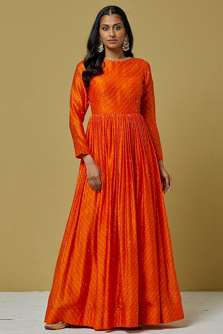 Orange Chanderi Party Wear Gown by Ikshita Choudhary at Pernia's Pop Up Shop