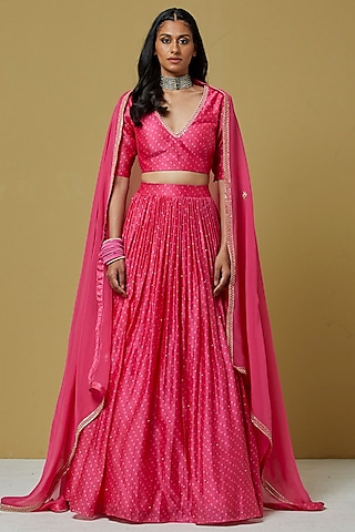 Pink Chanderi Lehenga Set by Ikshita Choudhary
