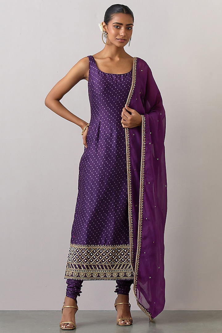 Purple Chanderi Printed & Embroidered Kurta Set by Ikshita Choudhary