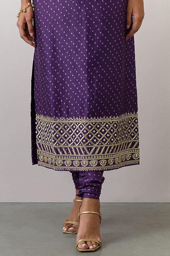 Purple Chanderi Printed & Embroidered Kurta Set by Ikshita Choudhary at Pernia's Pop Up Shop