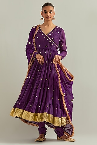 Purple Chanderi Hand Embroidered Anarkali Set by Ikshita Choudhary