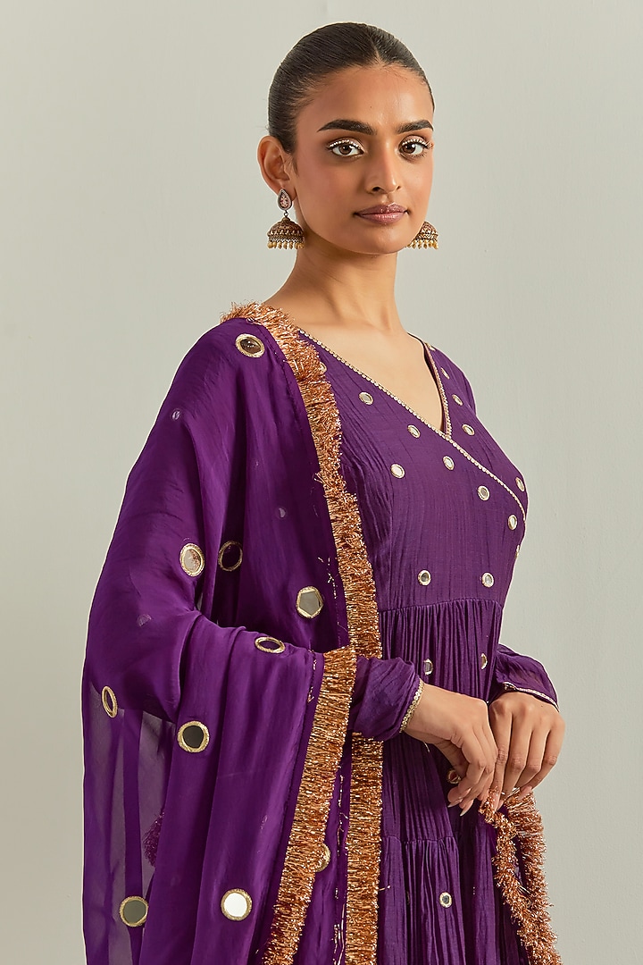 Purple Chanderi Hand Embroidered Party Wear Anarkali Set by Ikshita Choudhary at Pernia's Pop Up Shop