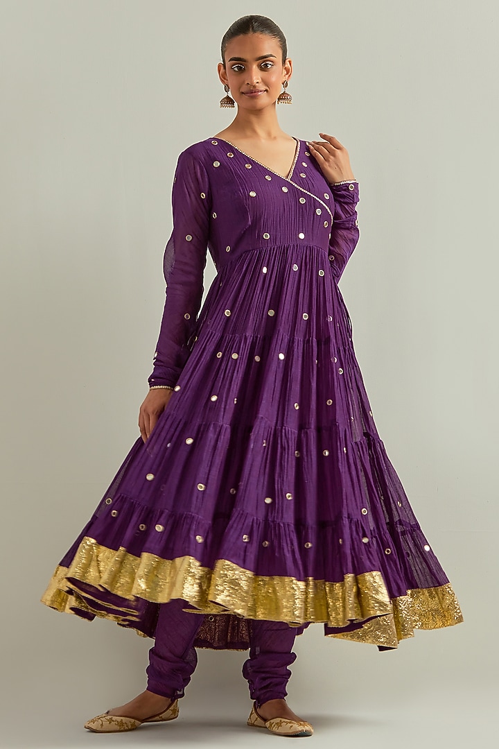 Purple Chanderi Hand Embroidered Party Wear Anarkali Set by Ikshita Choudhary at Pernia's Pop Up Shop