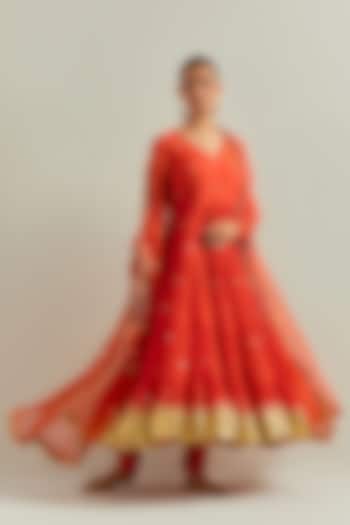 Orange Chanderi Hand Embroidered Party Wear Anarkali Set by Ikshita Choudhary at Pernia's Pop Up Shop