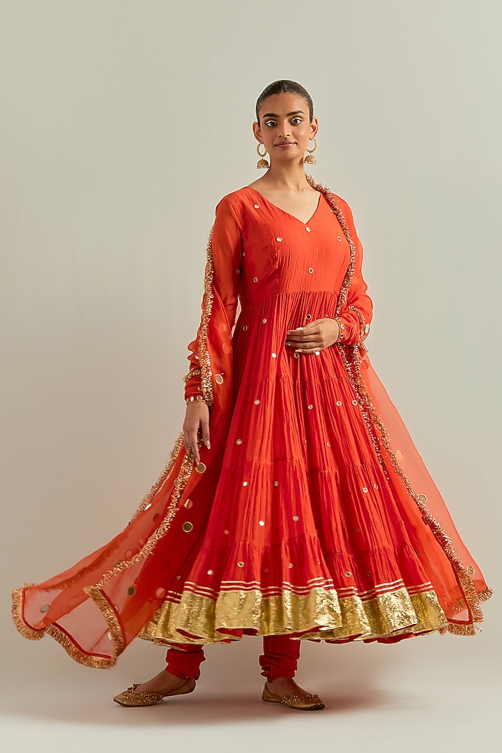 Orange Chanderi Hand Embroidered Party Wear Anarkali Set by Ikshita Choudhary at Pernia's Pop Up Shop