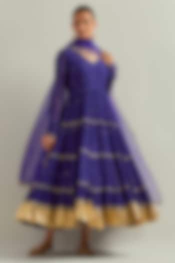 Blue Chanderi Hand Embroidered Party Wear Anarkali Set by Ikshita Choudhary at Pernia's Pop Up Shop