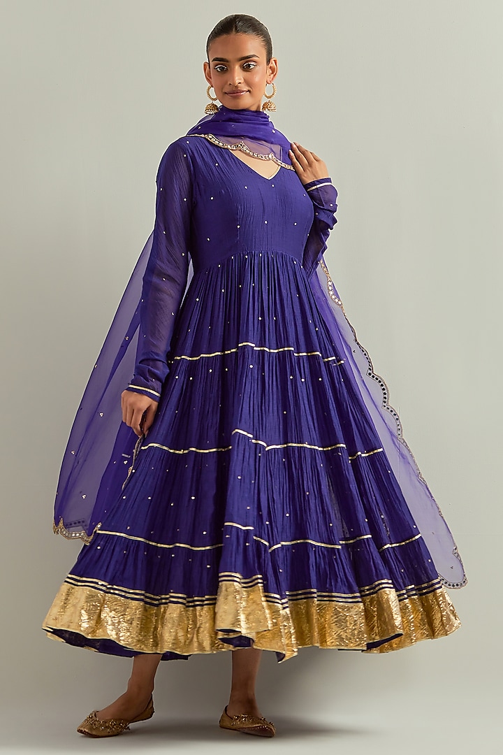 Blue Chanderi Hand Embroidered Party Wear Anarkali Set by Ikshita Choudhary at Pernia's Pop Up Shop