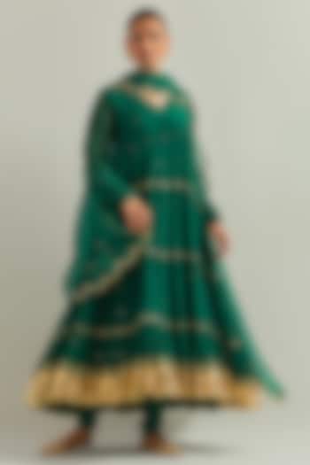 Green Chanderi Hand Embroidered Party Wear Anarkali Set by Ikshita Choudhary at Pernia's Pop Up Shop