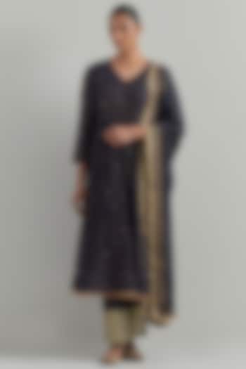 Dark Blue Chanderi Block Printed & Hand Embroidered Party Wear Anarkali Set by Ikshita Choudhary at Pernia's Pop Up Shop