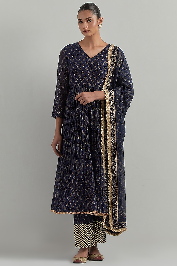 Dark Blue Chanderi Block Printed & Hand Embroidered Party Wear Anarkali Set by Ikshita Choudhary at Pernia's Pop Up Shop