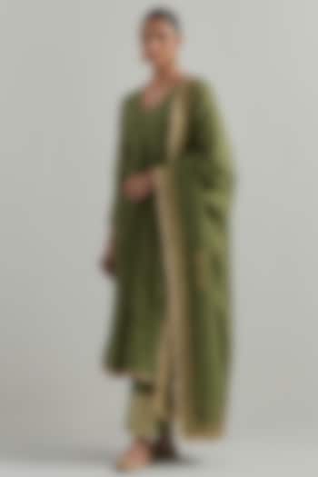 Forest Green Chanderi Block Printed & Hand Embroidered Party Wear Anarkali Set by Ikshita Choudhary at Pernia's Pop Up Shop
