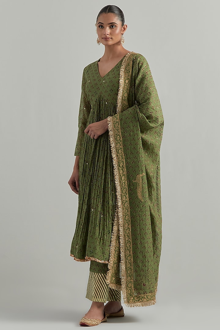 Forest Green Chanderi Block Printed & Hand Embroidered Party Wear Anarkali Set by Ikshita Choudhary at Pernia's Pop Up Shop