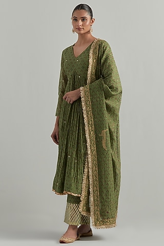 Forest Green Chanderi Block Printed & Hand Embroidered Anarkali Set by Ikshita Choudhary