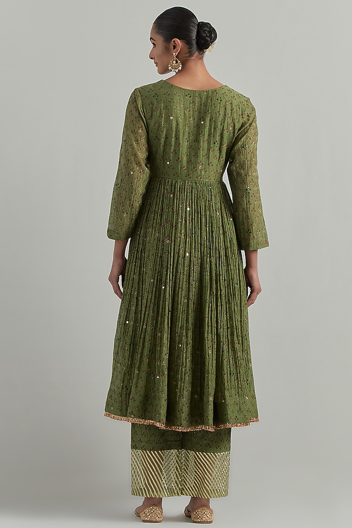 Forest Green Chanderi Block Printed & Hand Embroidered Party Wear Anarkali Set by Ikshita Choudhary at Pernia's Pop Up Shop