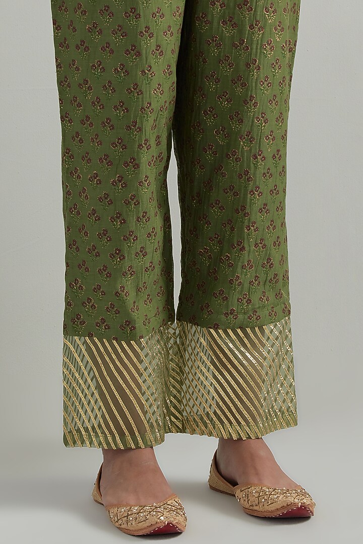 Forest Green Chanderi Block Printed & Hand Embroidered Party Wear Anarkali Set by Ikshita Choudhary at Pernia's Pop Up Shop