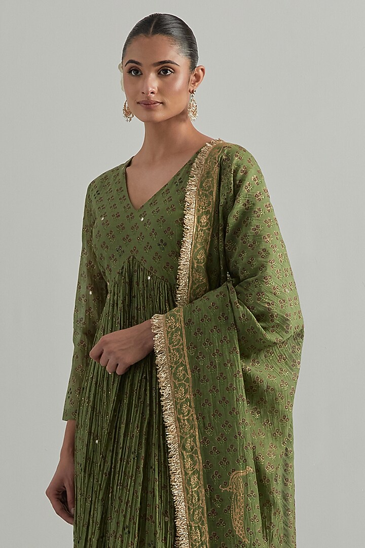 Forest Green Chanderi Block Printed & Hand Embroidered Party Wear Anarkali Set by Ikshita Choudhary at Pernia's Pop Up Shop