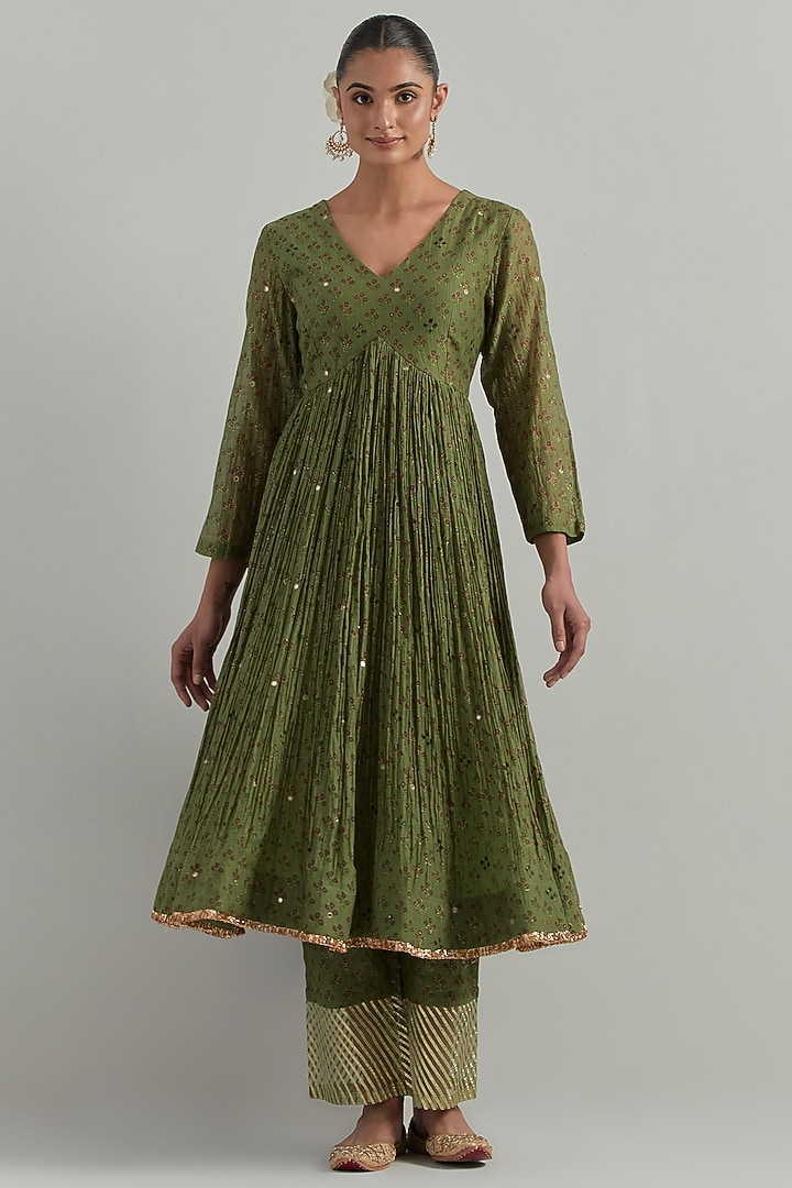 Forest Green Chanderi Block Printed & Hand Embroidered Party Wear Anarkali Set by Ikshita Choudhary at Pernia's Pop Up Shop