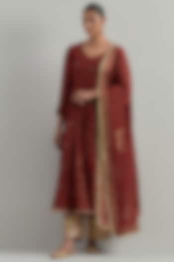 Red Chanderi Block Printed & Hand Embroidered Party Wear Anarkali Set by Ikshita Choudhary at Pernia's Pop Up Shop