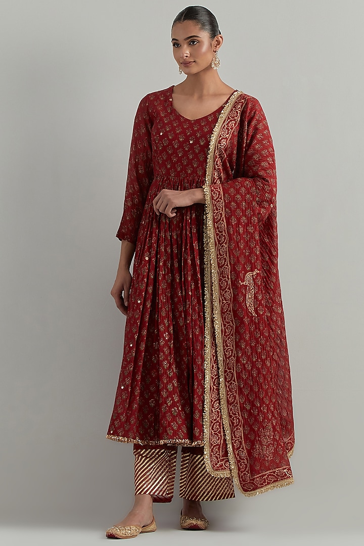 Red Chanderi Block Printed & Hand Embroidered Party Wear Anarkali Set by Ikshita Choudhary at Pernia's Pop Up Shop