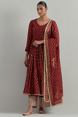 Red Chanderi Block Printed & Hand Embroidered Anarkali Set by Ikshita Choudhary