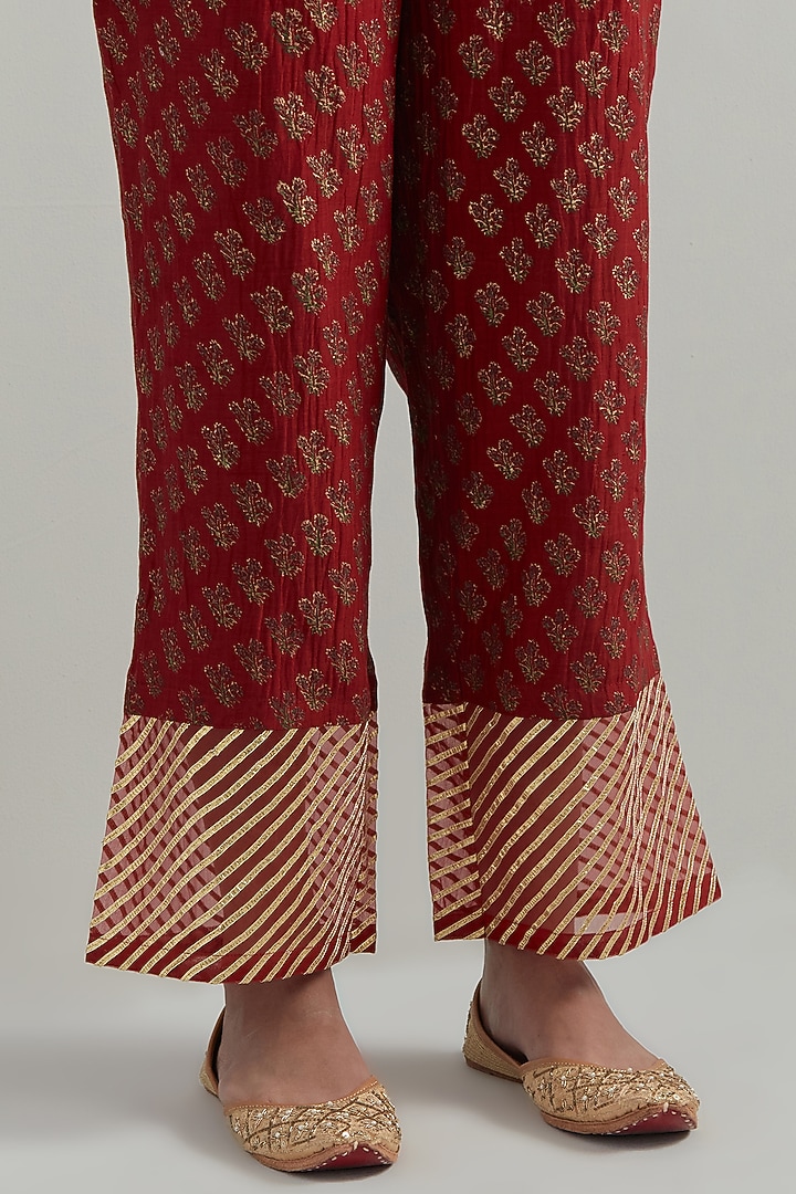 Red Chanderi Block Printed & Hand Embroidered Party Wear Anarkali Set by Ikshita Choudhary at Pernia's Pop Up Shop