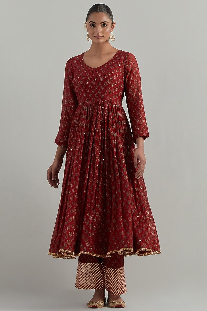 Red Chanderi Block Printed & Hand Embroidered Party Wear Anarkali Set by Ikshita Choudhary at Pernia's Pop Up Shop