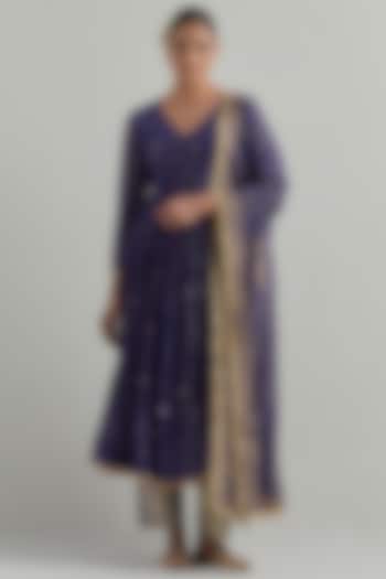 Blue Chanderi Block Printed & Hand Embroidered Party Wear Anarkali Set by Ikshita Choudhary at Pernia's Pop Up Shop