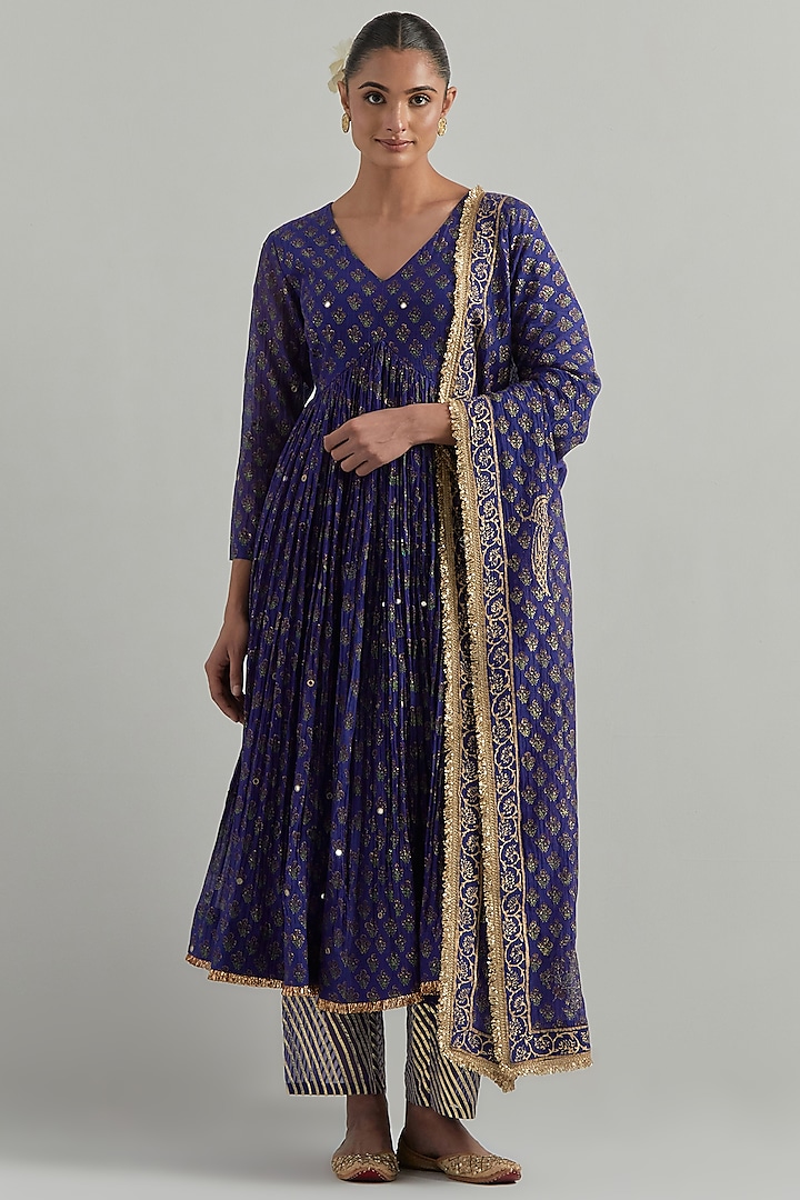 Blue Chanderi Block Printed & Hand Embroidered Party Wear Anarkali Set by Ikshita Choudhary at Pernia's Pop Up Shop