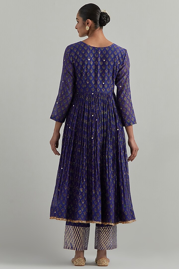 Blue Chanderi Block Printed & Hand Embroidered Party Wear Anarkali Set by Ikshita Choudhary at Pernia's Pop Up Shop