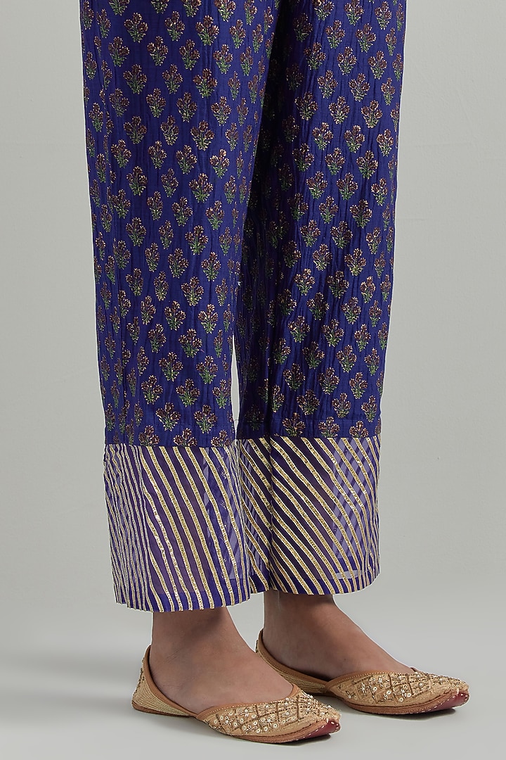 Blue Chanderi Block Printed & Hand Embroidered Party Wear Anarkali Set by Ikshita Choudhary at Pernia's Pop Up Shop