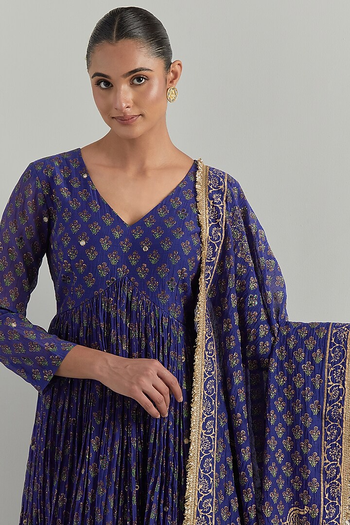 Blue Chanderi Block Printed & Hand Embroidered Party Wear Anarkali Set by Ikshita Choudhary at Pernia's Pop Up Shop