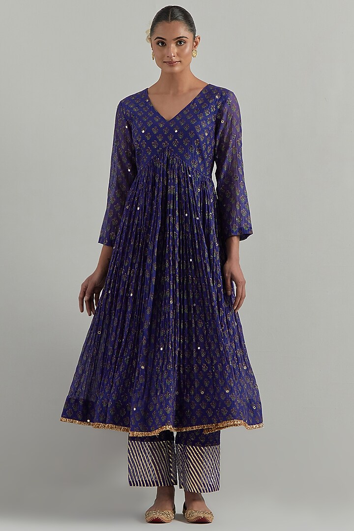 Blue Chanderi Block Printed & Hand Embroidered Party Wear Anarkali Set by Ikshita Choudhary at Pernia's Pop Up Shop