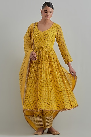 Yellow Chanderi Block Printed & Hand Embroidered Anarkali Set by Ikshita Choudhary