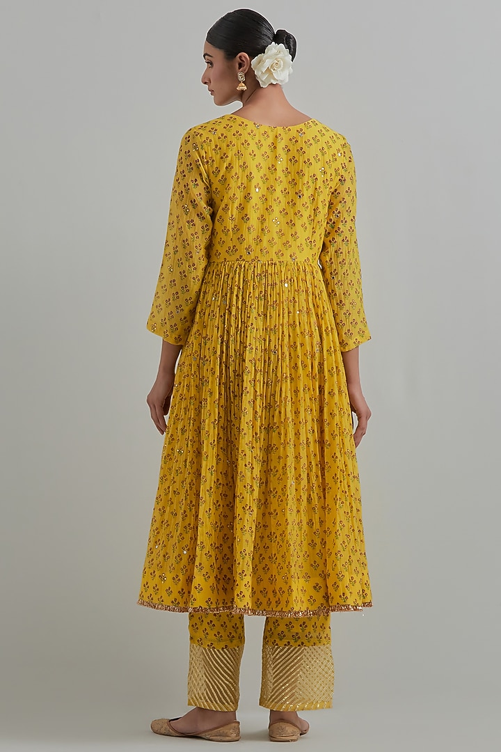 Yellow Chanderi Block Printed & Hand Embroidered Party Wear Anarkali Set by Ikshita Choudhary at Pernia's Pop Up Shop