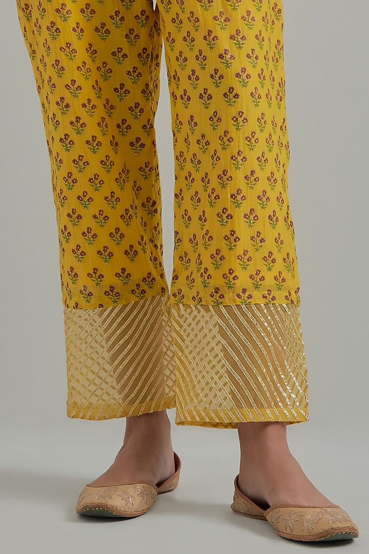 Yellow Chanderi Block Printed & Hand Embroidered Party Wear Anarkali Set by Ikshita Choudhary at Pernia's Pop Up Shop