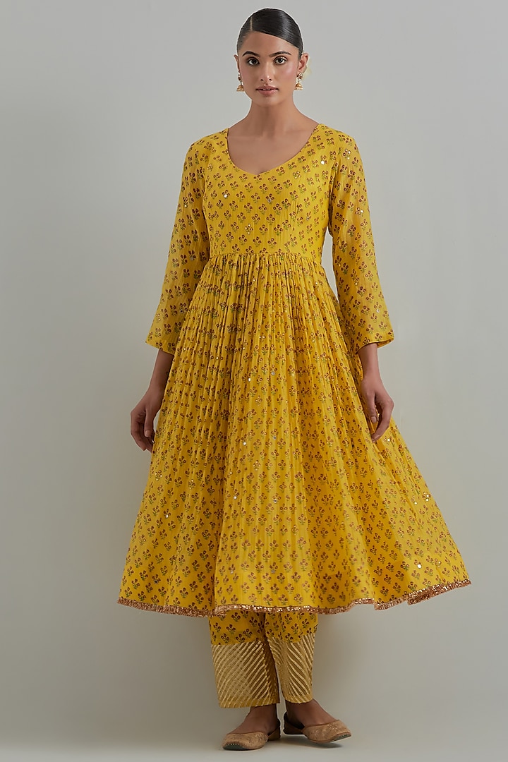 Yellow Chanderi Block Printed & Hand Embroidered Party Wear Anarkali Set by Ikshita Choudhary at Pernia's Pop Up Shop