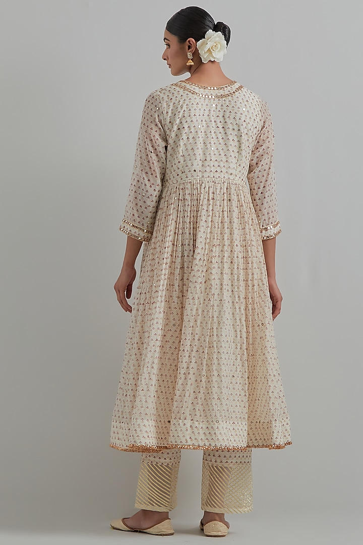White Chanderi Block Printed & Hand Embroidered Party Wear Anarkali Set by Ikshita Choudhary at Pernia's Pop Up Shop
