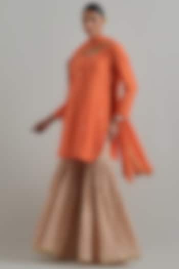Orange Cambric Cotton Block Printed Gharara Set by Ikshita Choudhary at Pernia's Pop Up Shop