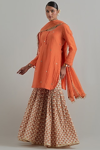 Orange Cambric Cotton Block Printed Gharara Set by Ikshita Choudhary