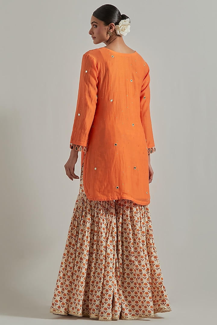 Orange Cambric Cotton Block Printed Gharara Set by Ikshita Choudhary at Pernia's Pop Up Shop