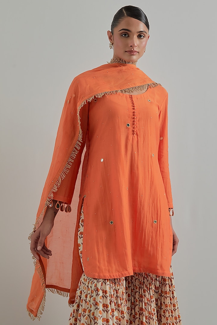 Orange Cambric Cotton Block Printed Gharara Set by Ikshita Choudhary at Pernia's Pop Up Shop