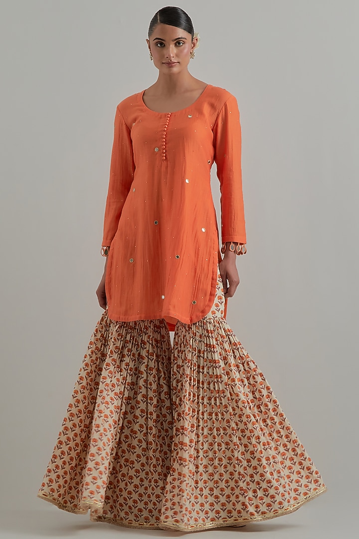Orange Cambric Cotton Block Printed Gharara Set by Ikshita Choudhary at Pernia's Pop Up Shop