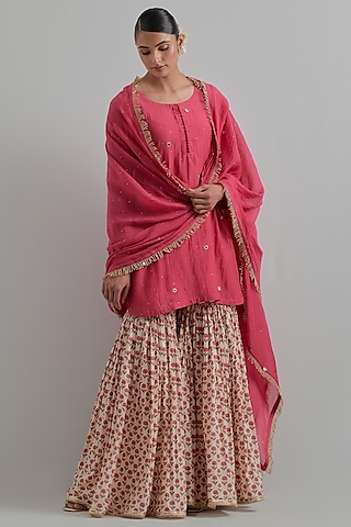 Pink Cambric Cotton Block Printed Gharara Set by Ikshita Choudhary
