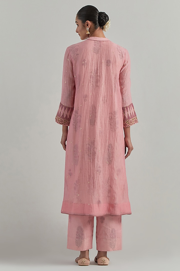 Light Pink Chanderi Block Printed Gathered Kurta Set by Ikshita Choudhary at Pernia's Pop Up Shop