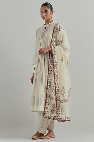 White Chanderi Block Printed Gathered Kurta Set by Ikshita Choudhary