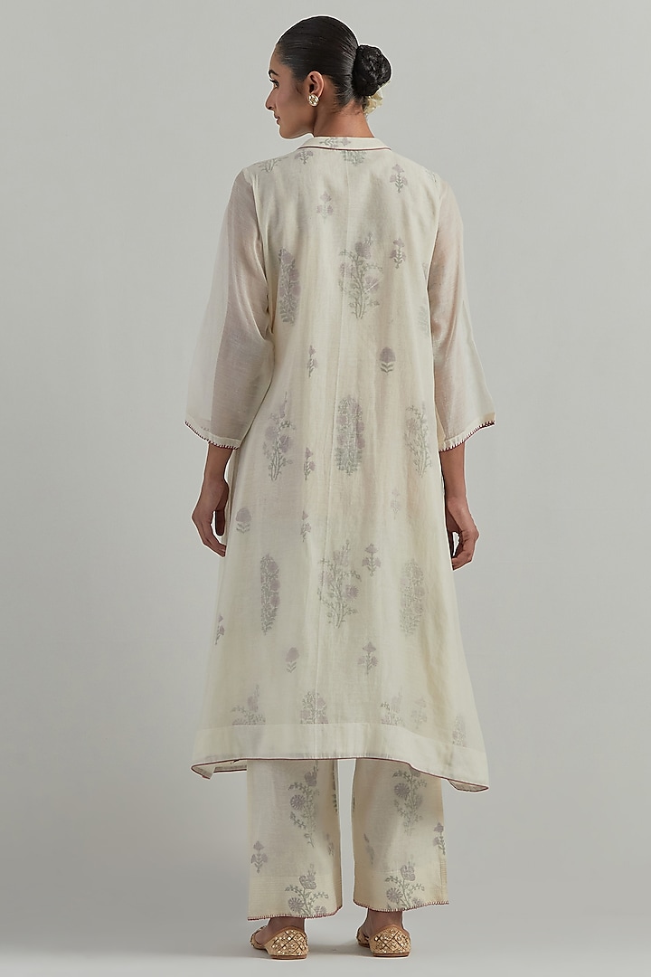 White Chanderi Block Printed Gathered Kurta Set by Ikshita Choudhary at Pernia's Pop Up Shop