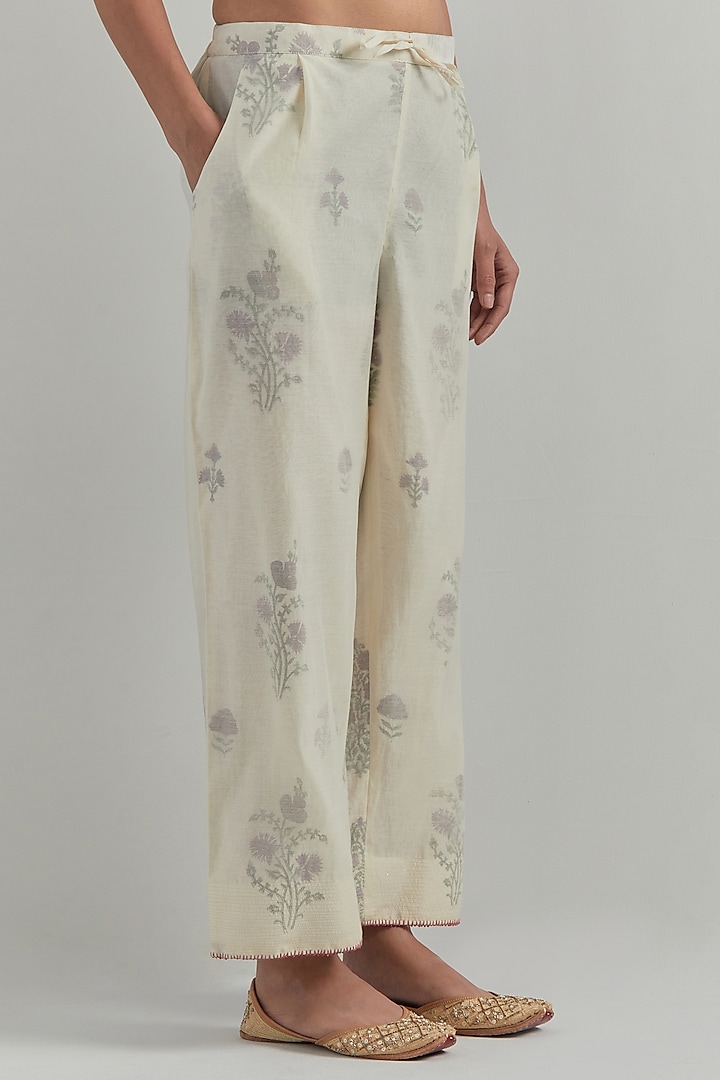White Chanderi Block Printed Gathered Kurta Set by Ikshita Choudhary at Pernia's Pop Up Shop