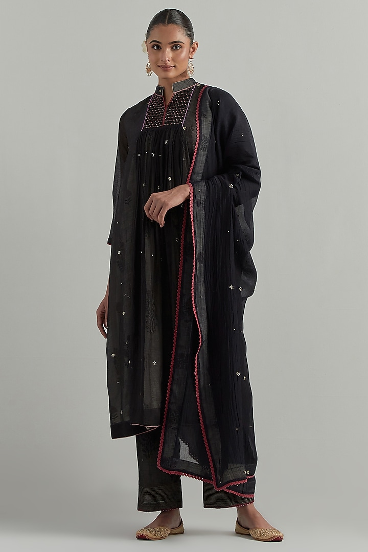Black Chanderi Block Printed Gathered Kurta Set by Ikshita Choudhary at Pernia's Pop Up Shop